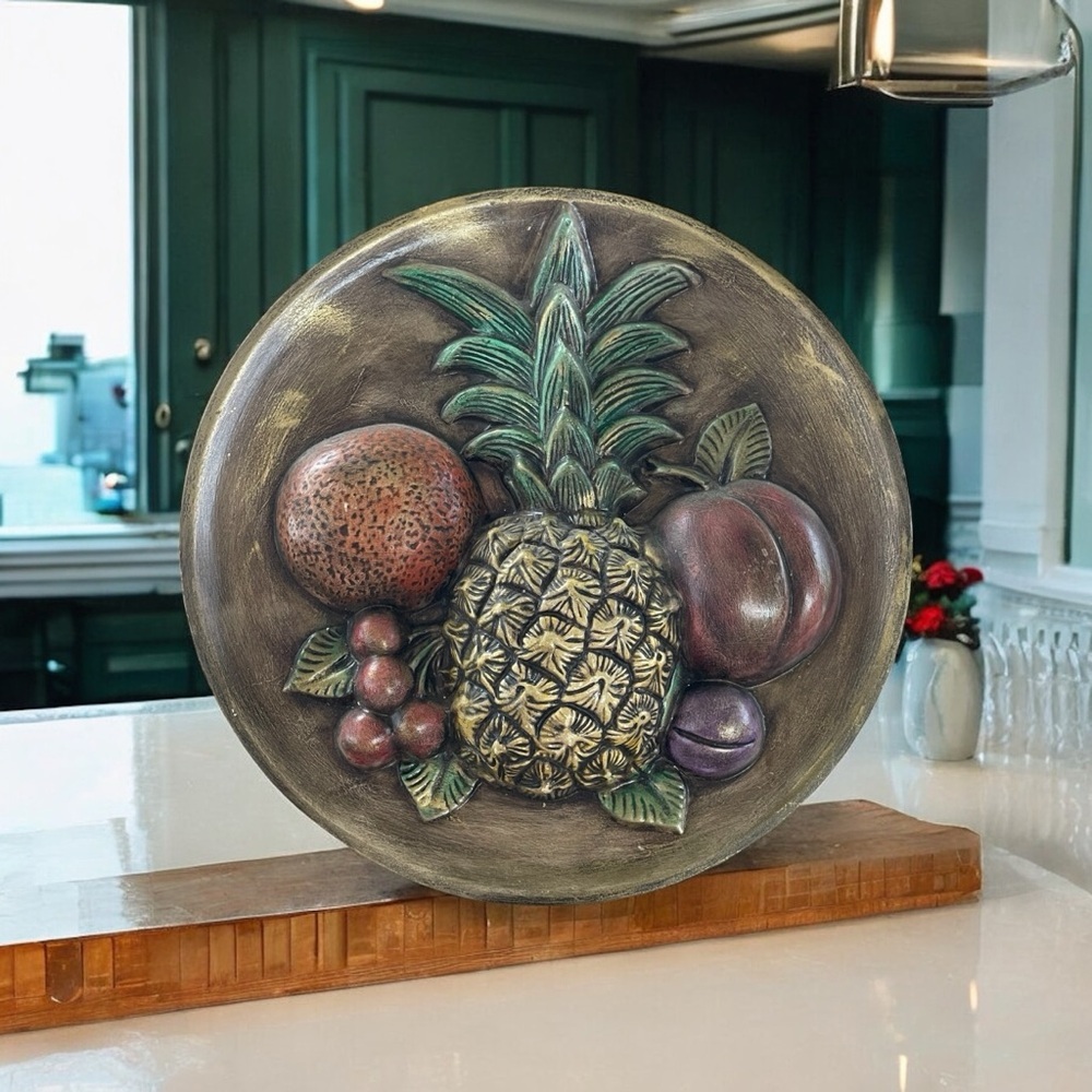 Vtg Fruit Plate Ceramic Wall Hanging Pineapple Hand Painted 3D MCM Hospitality